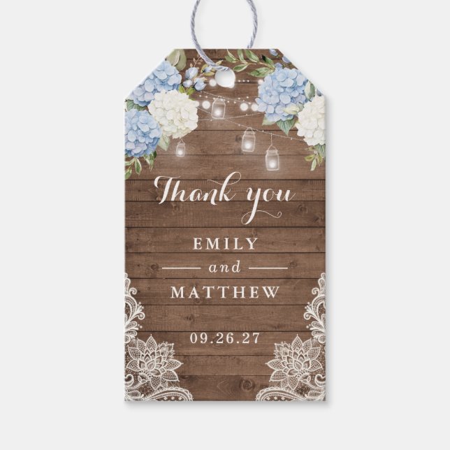 Etiqueta Para Presente Azul Hydrangea Russo Wood Lace String Luzes (Frente)
