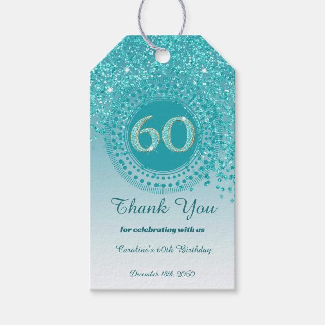 Etiqueta Para Presente Azul-lacrimejo moderno brilho 60º Aniversário (Frente)