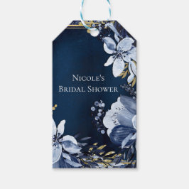 Etiqueta Para Presente Azul Marinho e Dourado Floral Aquarelado Elegante