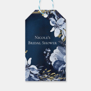 Etiqueta Para Presente Azul Marinho e Dourado Floral Aquarelado Moderno e