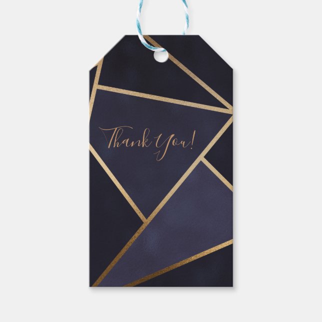 Etiqueta Para Presente Azul Naval Triângulos Dourados Geométrico Elegante (Frente)