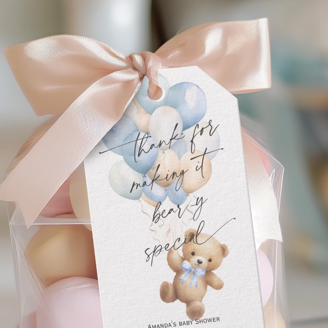 Etiqueta Para Presente Azul Podemos Esperar Chá Moderno (Blue We Can Bearly Wait, Teddy Bear Gender Neutral baby Shower Favor Tags.)