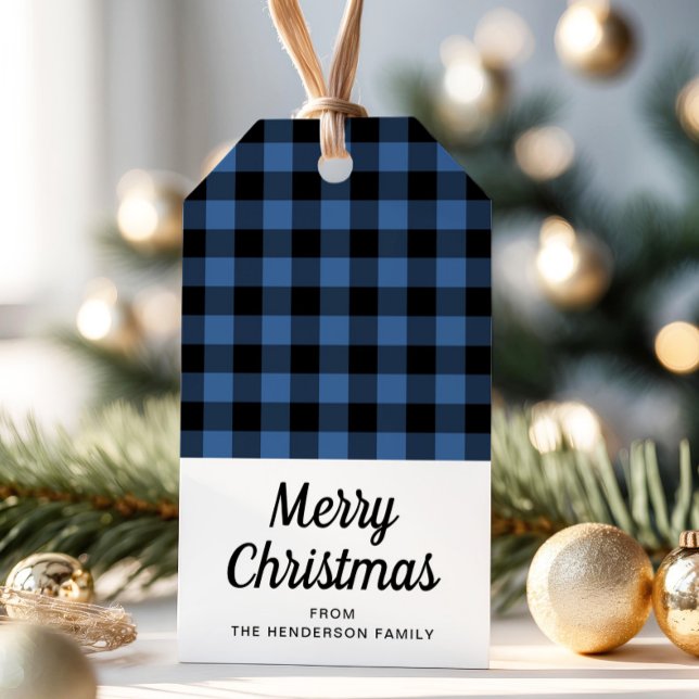 Etiqueta Para Presente Azul Russo - Feliz Natal (Rustic Blue Plaid Merry Christmas Gift Tags)