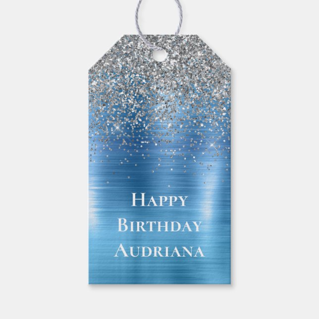 Etiqueta Para Presente Azul Silver Sparkle Glitter personalizado (Frente)