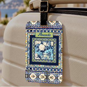 Etiqueta Para Presente Azulejo azul floral elegante monograma nota de chi