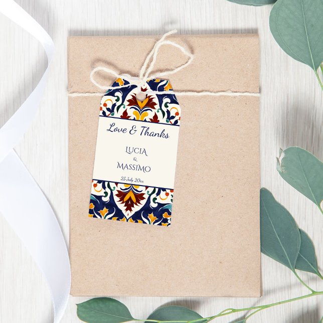 Etiqueta Para Presente Azulejo azul-mediterrâneo casamento impresso (Azulejo blue colorful talavera folk pattern tiles Mediterranean wedding printed favor Gift Tags)