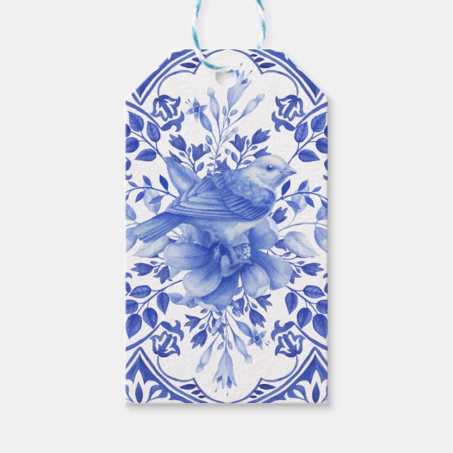 Etiqueta Para Presente Azulejo Floral Branco e Azul com Pássaro (Frente)