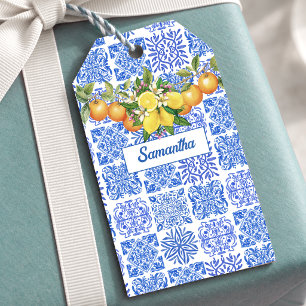 Etiqueta Para Presente Azulejo mediterrâneo de citrino amarelo azul sicil