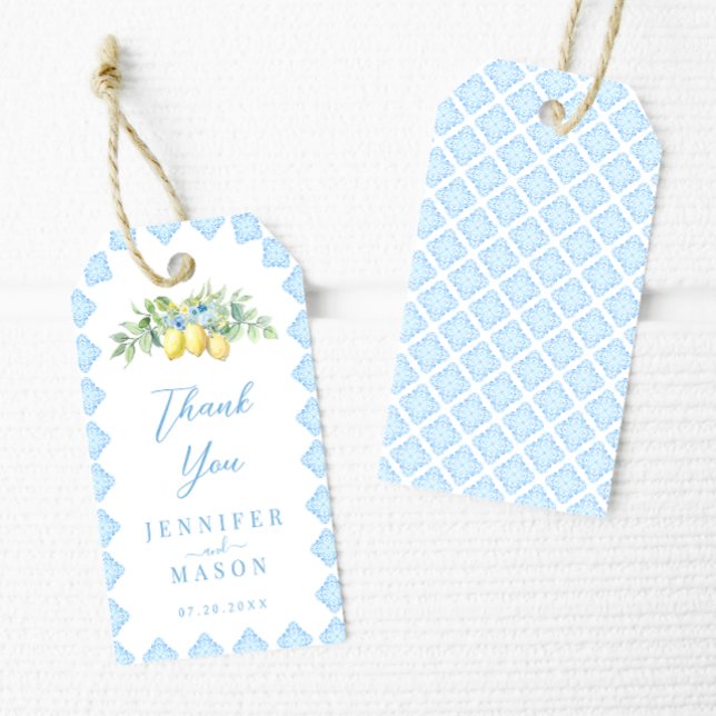 Etiqueta Para Presente Azulejos Azuis Italianos Casamento Costeiro Lemon  (Criador carregado)