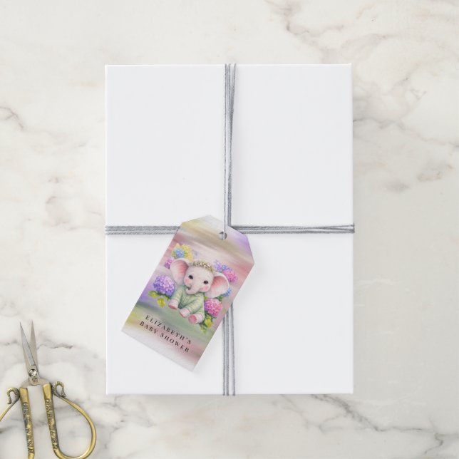 Etiqueta Para Presente Baby Elephant with Hydrangeas Baby Shower (Com cordão)