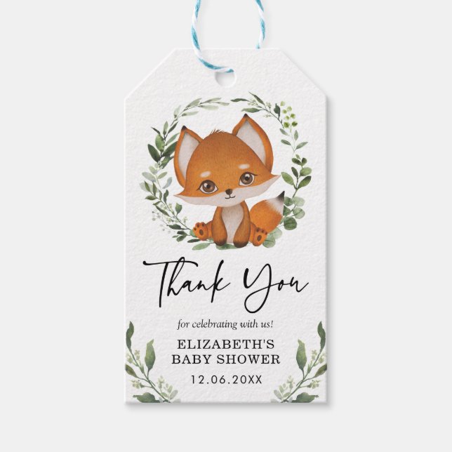Etiqueta Para Presente Baby Fox Eucalyptus Greenery Foliage Favor do Chá (Frente)