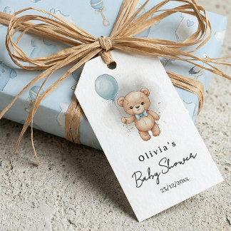 Etiqueta Para Presente Baby Shower for Boy Blue Balloon, Teddy Bear & Bow