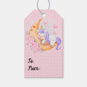 Etiqueta Para Presente Baby Unicorn Over The Moon with Flowers