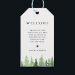 Etiqueta Para Presente Bag de Boas-vindas da Floresta Russa<br><div class="desc">Árvores de aquarela,  etiquetas de presentes de boas-vindas de casamento. A parte de trás da etiqueta,  mostrada em verde de floresta escura,  pode ser personalizada.</div>