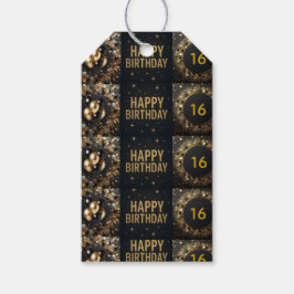 Etiqueta Para Presente Balão de Aniversário Brilho Preto e Dourado
