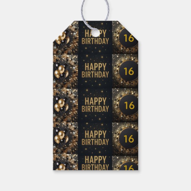 Etiqueta Para Presente Balão de Aniversário Brilho Preto e Dourado (Frente)