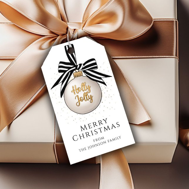 Etiqueta Para Presente Baleado de Natal Negro Festivo (Merry Christmas Bauble Black White Gift Tags)