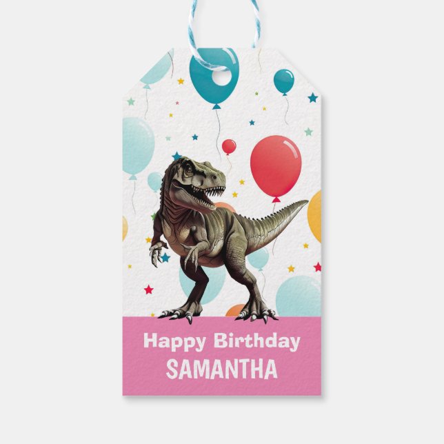 Etiqueta Para Presente Balões do Partido Dinossauro Rosa (Verso)