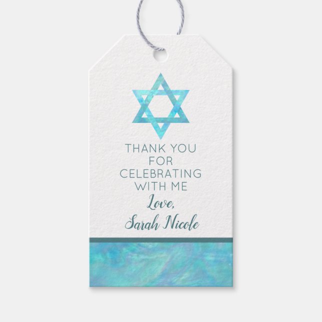 Etiqueta Para Presente Bat Mitzvah Blue Opal Magen David Obrigado (Frente)