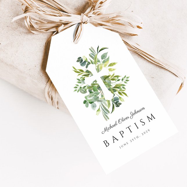 Etiqueta Para Presente Batismo Botânico Religioso Elegante (Elegant Botanical Religious Cross Baptism Gift Tags)