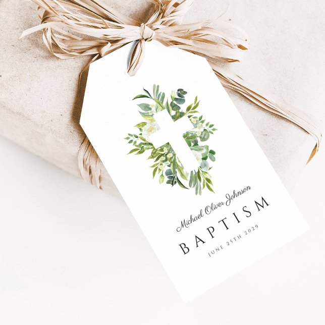 Etiqueta Para Presente Batismo Botânico Religioso Elegante (Elegant Botanical Religious Cross Baptism Gift Tags)