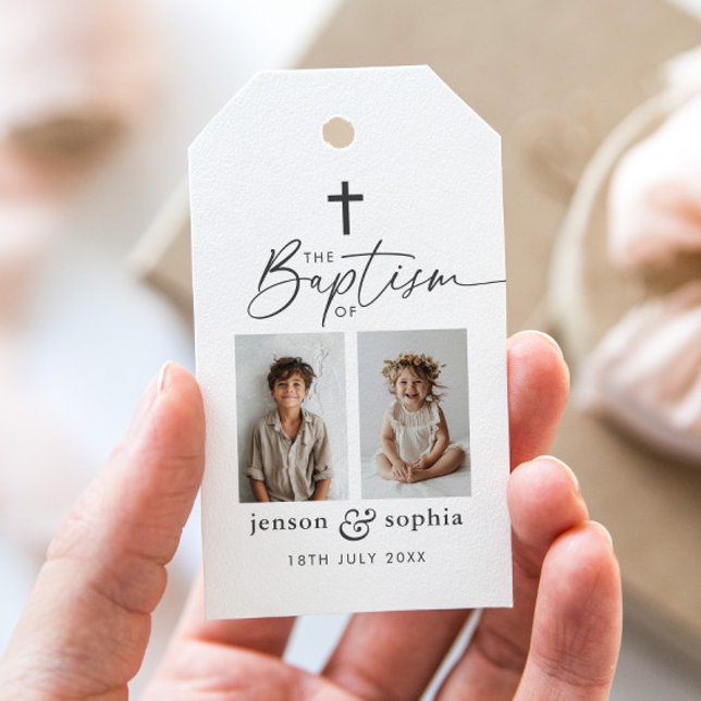 Etiqueta Para Presente Batismo Conjunto 2 Foto (Zazzle Joint Baptism 2 Photo Gift Tags)