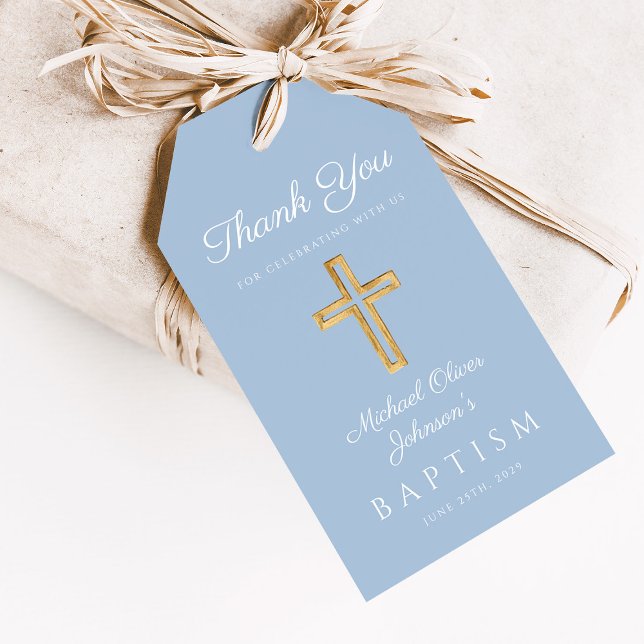 Etiqueta Para Presente Batismo do Bebê Azul da Cruz Religiosa (Religious Cross Boy Blue Baptism Gift Tags)