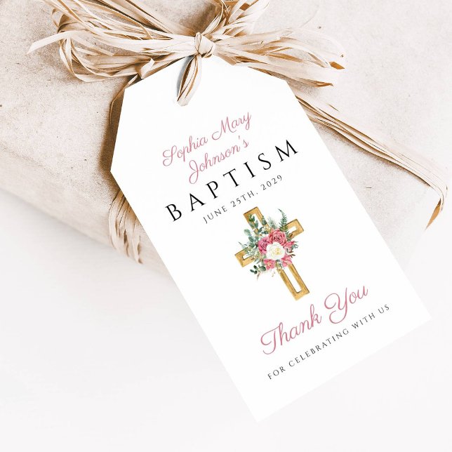 Etiqueta Para Presente Batismo Elegante Rosa Floral Cross Girl (Elegant Pink Floral Cross Girl Baptism Gift Tags)