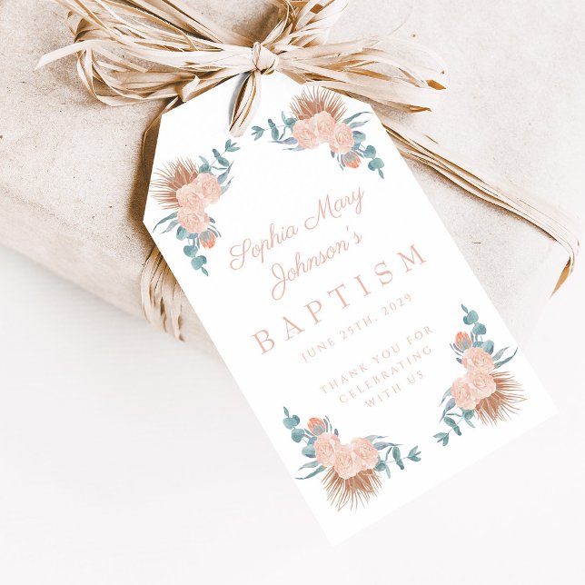 Etiqueta Para Presente Batismo Fotográfico de Rapariga Floral Elegante (Elegant Floral Girl Photo Baptism Gift Tags)