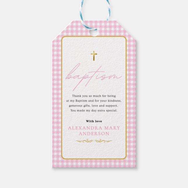 Etiqueta Para Presente Batismo Gingham Girl - Obrigado por vir (Frente)