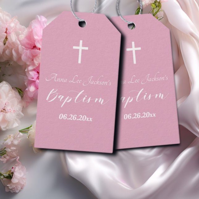 Etiqueta Para Presente Batismo Moderno Christening White Cross Dusty Pink (Criador carregado)