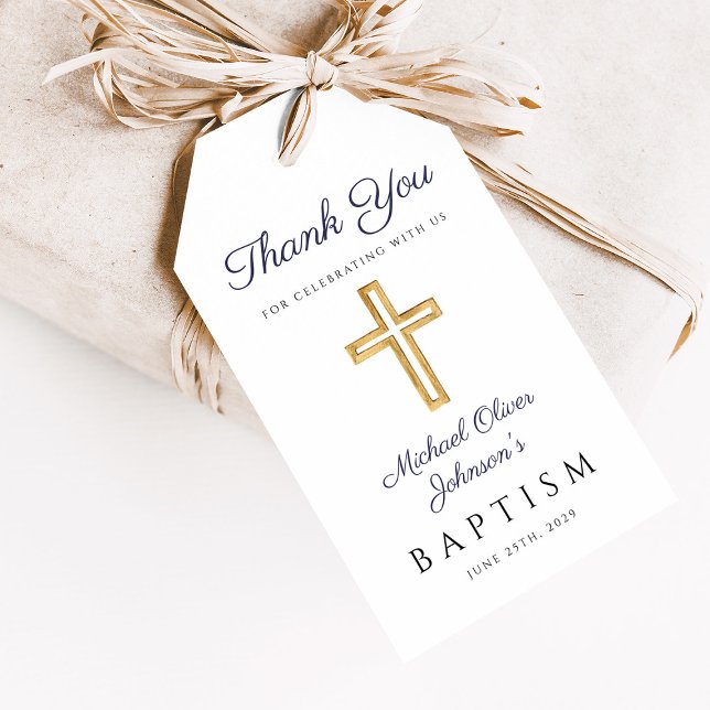Etiqueta Para Presente Batismo religioso entre Meninos Religiosos com Scr (Religious Navy Blue Script Cross Boy Baptism Gift Tags)