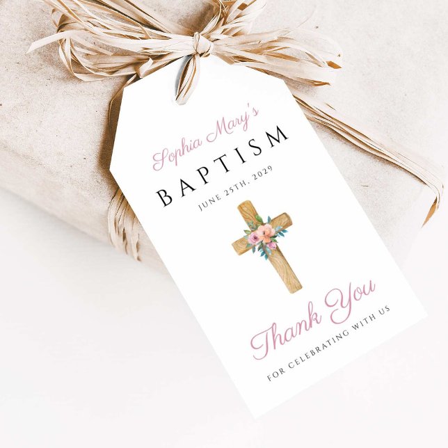 Etiqueta Para Presente Batismo religioso Floral Moderno Elegante (Elegant Modern Floral Religious Cross Baptism Gift Tags)