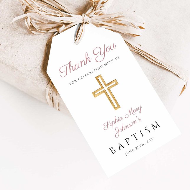 Etiqueta Para Presente Batismo Rosa Religioso Elegante (Elegant Religious Cross Girl Pink Baptism Gift Tags)