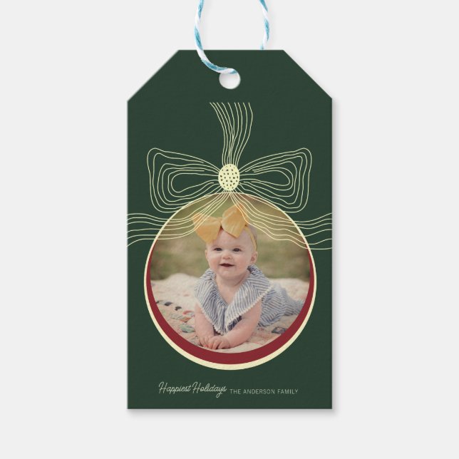 Etiqueta Para Presente Bauble e Arco - Foto Vermelha Verde (Frente)