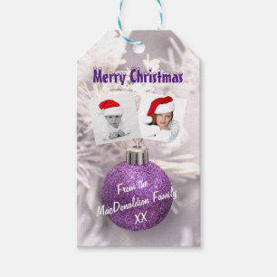 Etiqueta Para Presente Bauble roxo Modelo de foto de Natal Feliz