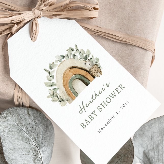 Etiqueta Para Presente Bebê Arco-íris Boêmio (Boho Watercolor Eucalyptus Rainbow Baby Shower Gift Tags by Painted Paperie
)