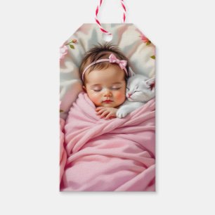 Etiqueta Para Presente Bebê Floral Rosa e Gatinho Branco