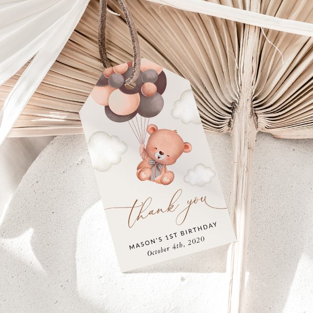 Etiqueta Para Presente Bebê Urso, Balões Marrons, Primeiro Aniversário (Criador carregado)