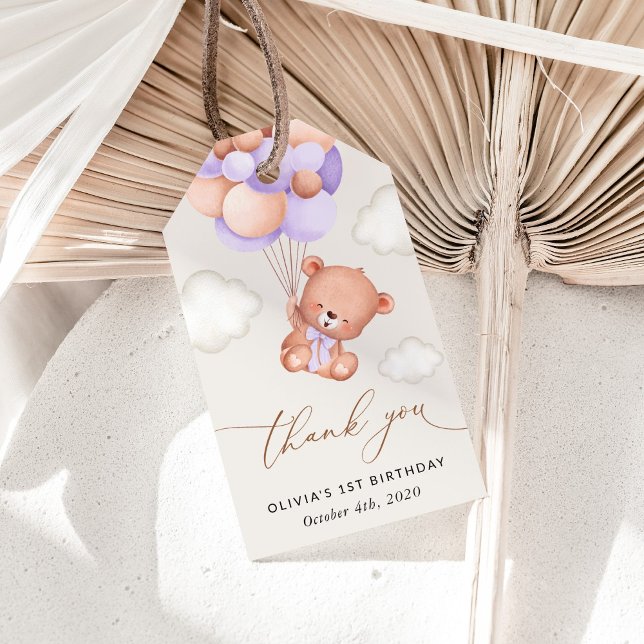 Etiqueta Para Presente Bebê Urso, Balões Roxos, Primeiro Aniversário (Criador carregado)