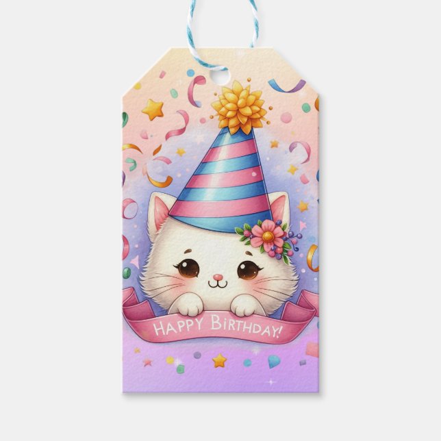 Etiqueta Para Presente Bela Cartoon Kawaii Kitty Feliz Aniversário (Frente)
