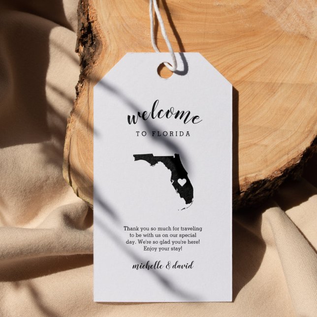 Etiqueta Para Presente Bem-vindo à Flórida | Casamento de caligrafia (Florida Destination Wedding or Florida state related event welcome tag with state silhouette )