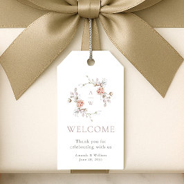 Etiqueta Para Presente Bem-vindo ao Casamento com Monograma Floral Rosado