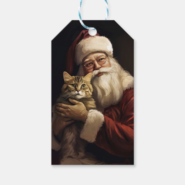 Etiqueta Para Presente Bengala Cat com Papai Noel Natal Festivo (Frente)