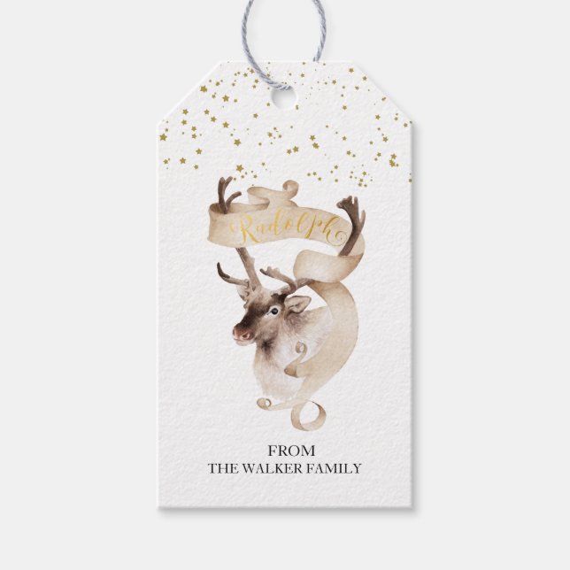 Etiqueta Para Presente Berrendas de ouro aquoso Família Rudolph Natal (Frente)