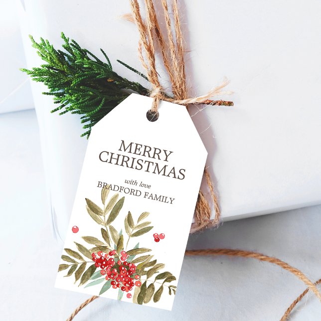 Etiqueta Para Presente Berries Natal Clássicos Personalizados (Classic Watercolor Christmas Berries Personalized Gift Tags)