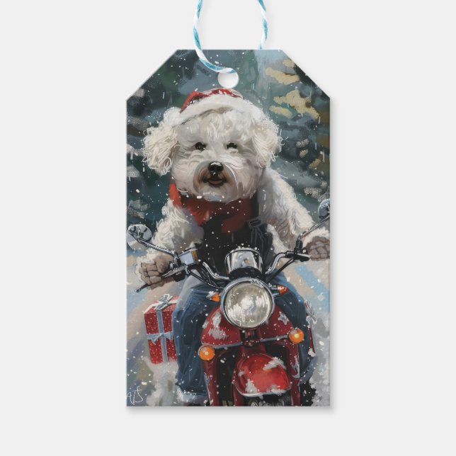 Etiqueta Para Presente Bichon Frise Dog Andando Moto Natal (Frente)