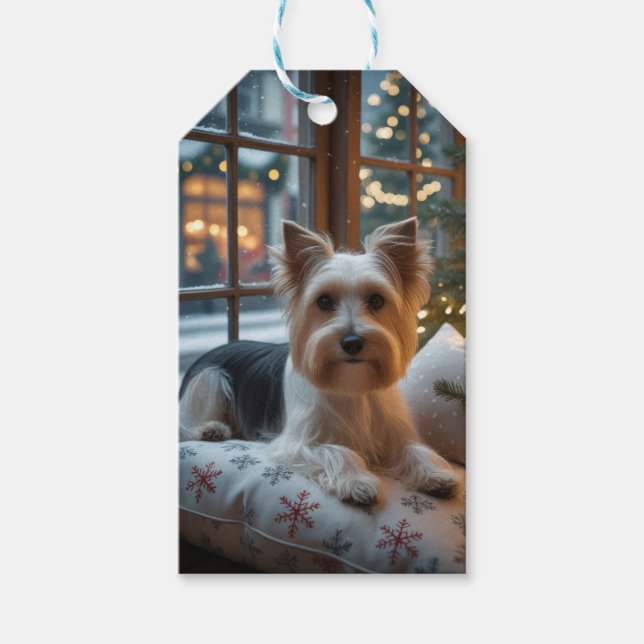 Etiqueta Para Presente Biewer Terrier Com Luzes de Natal Feriado (Frente)