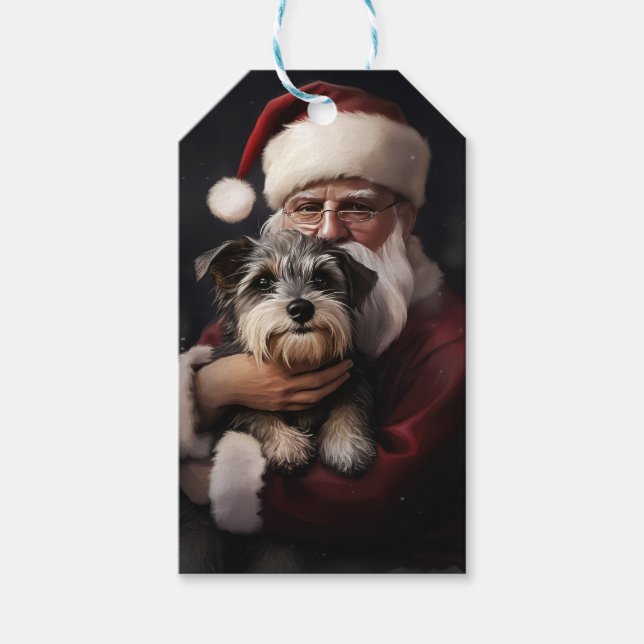 Etiqueta Para Presente Biewer Terrier com Papai Noel Natal Festivo (Frente)