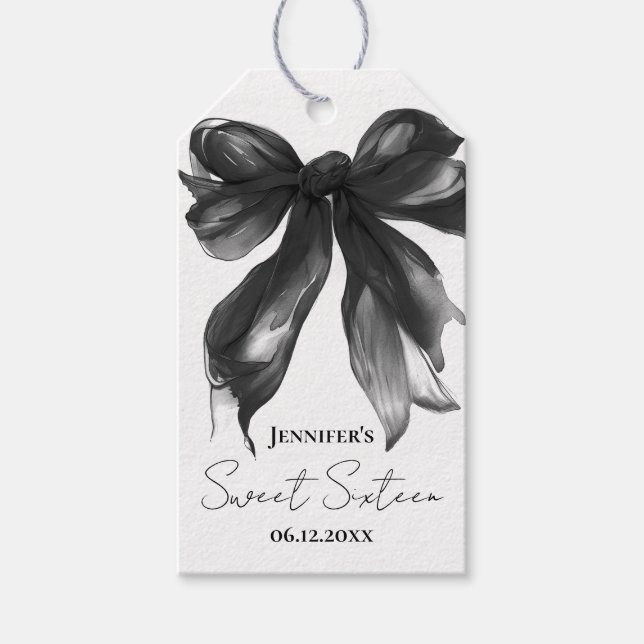 Etiqueta Para Presente Black Bow Coquette Script Doce 16 Obrigado (Frente)